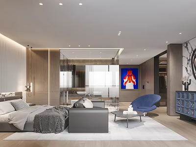Modern Bedroom Interior With Bed Sofa Blue Chair Area Rug And Artwork 3d model