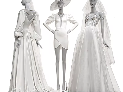 Three Female Models Wearing Different White Wedding Gowns And Outfits With Veil And Hat 3d model