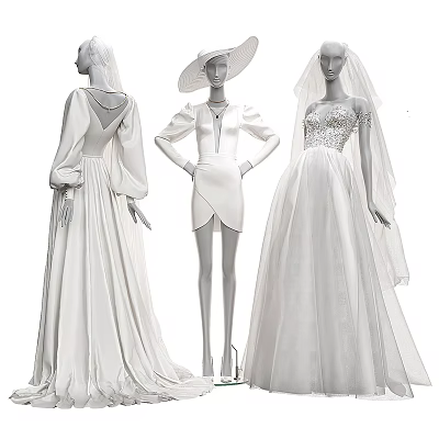 Three Female Models Wearing Different White Wedding Gowns And Outfits With Veil And Hat 3d model