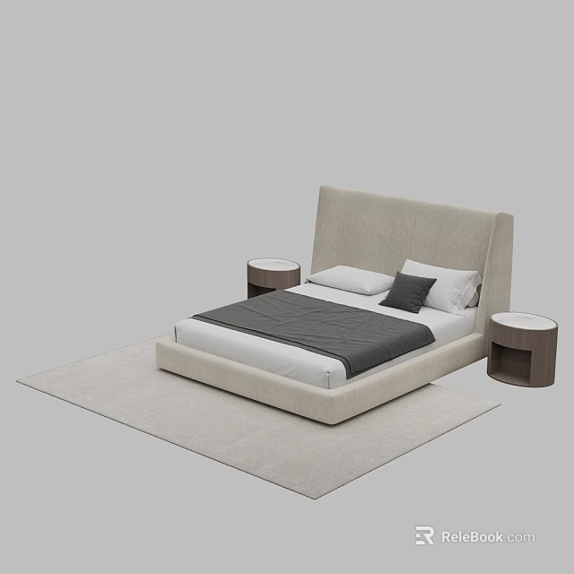 Double Bed with Beige Headboard White and Dark Gray Bedding Round Nightstands on Light Rug 3d model 