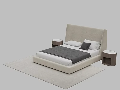 Double Bed with Beige Headboard White and Dark Gray Bedding Round Nightstands on Light Rug 3d model