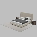 Double Bed with Beige Headboard White and Dark Gray Bedding Round Nightstands on Light Rug