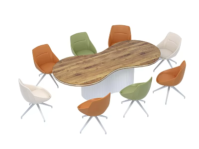 Modern Conference Room Interior With Peanut Shaped Wooden Table And Colorful Chairs 3d model
