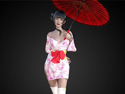 Woman Wearing Pink Floral Kimono With Red Bow Holding Red Umbrella Against Black Background 3d model