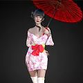 Woman Wearing Pink Floral Kimono With Red Bow Holding Red Umbrella Against Black Background