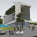 Modern Sales Office Building With Green Roof Glass Facade And Landscaping Trees