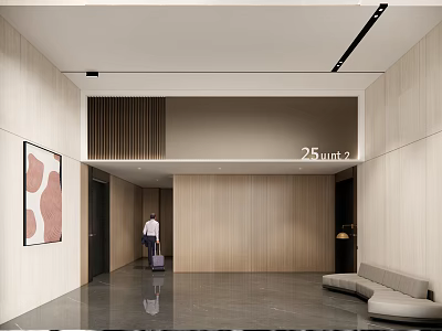 Modern Lobby Interior With 25m² Wooden Walls Marble Floor Abstract Painting And Sofa 3d model