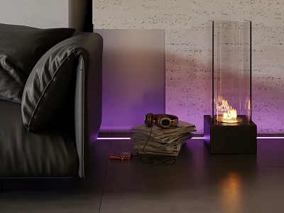 Contemporary Glass Floor Lamp With Black Sofa And Textured Wall Lighting 3d model