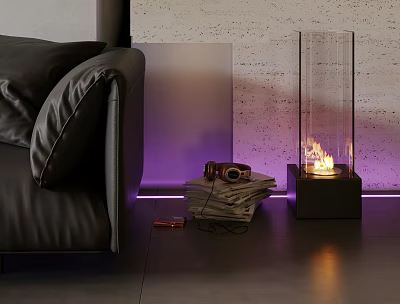 Contemporary Glass Floor Lamp With Black Sofa And Textured Wall Lighting 3d model