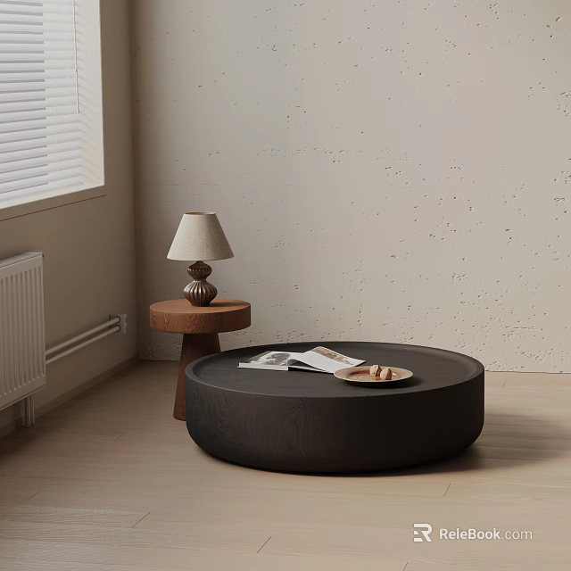 Minimalist Sofa and Coffee Table Set With Round Black Coffee Table and Side Lamp 3d model