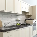 Modern White Kitchen Interior With Cabinets Countertop Sink Cutting Board And Fruits