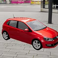 Red Volkswagen Small Car Parked On Outdoor Stone Pavement With Glass Building Background