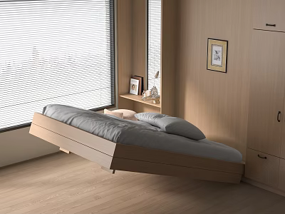 Floating Wooden Bed Bedroom Interior With Window Blinds Shelf And Framed 3d model
