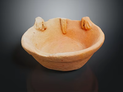 Traditional Handcrafted Terracotta Bowl With Three Handle Like Projections And Rough Surface 3d model