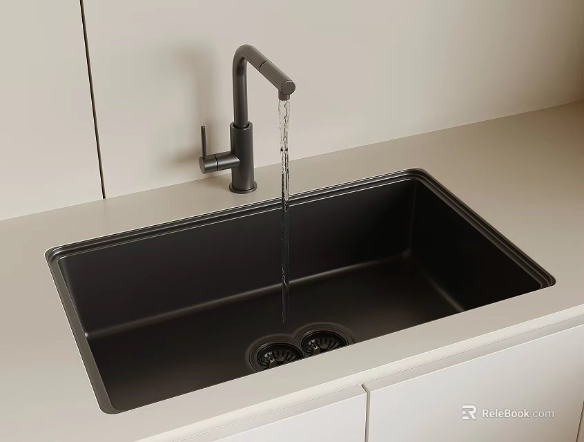 Black Kitchen Sink With Running Water And Matte Black Faucet On Light Countertop 3d model 