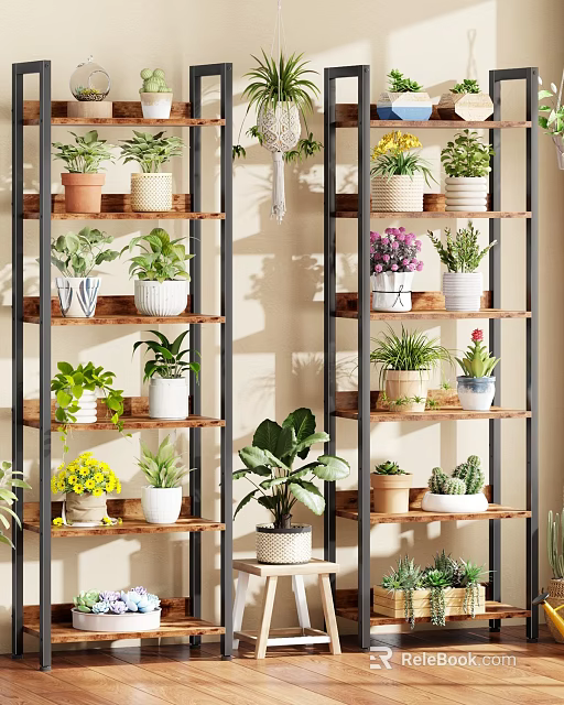 Indoor Plant Shelves With Wooden And Metal Structure Displaying Various Potted Greenery 3d model 