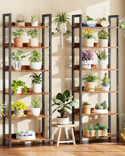 Indoor Plant Shelves With Wooden And Metal Structure Displaying Various Potted Greenery 3d model