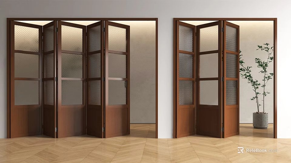 Wooden Folding Doors With Glass Grid Panels In Modern Interior Space 3d model 
