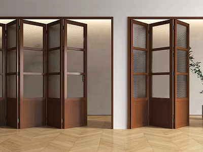 Wooden Folding Doors With Glass Grid Panels In Modern Interior Space 3d model