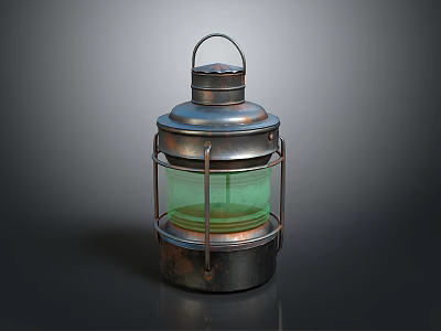 Vintage Metallic Decorative Lantern Furniture With Green Glass Panel And Sturdy Top Handle Design 3d model
