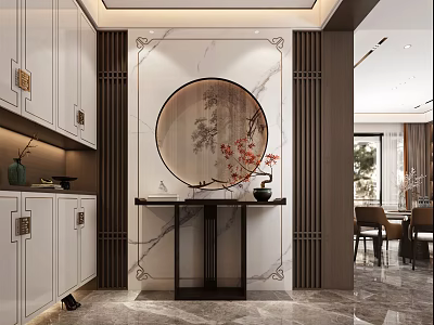 Chinese Modern Entryway Interior With White Cabinets Round Artwork Marble Wall Console Table Plant Vase 3d model