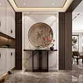 Chinese Modern Entryway Interior With White Cabinets Round Artwork Marble Wall Console Table Plant Vase