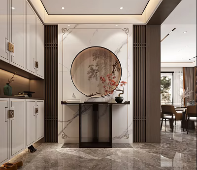 Chinese Modern Entryway Interior With White Cabinets Round Artwork Marble Wall Console Table Plant Vase 3d model