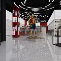Large Anime Action Figure in Modern Display Space with Shelves Collectibles Shiny Floor Circular Lights