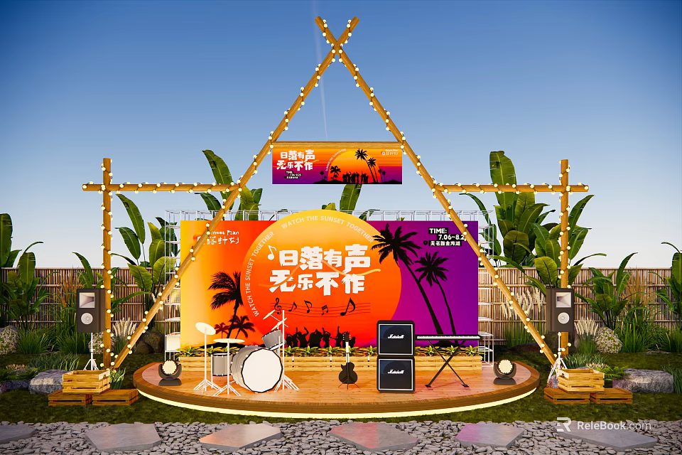 Outdoor Sunset Music Stage With Palm Trees Grass Sound Equipment And Drum Set 3d model 
