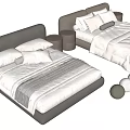 Modern Double Beds Interior With Gray White Bedding Pillows Small Round Stools And Decorative Balls 3d model
