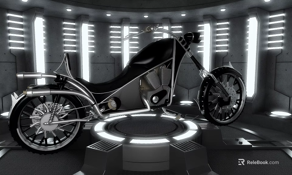 Futuristic Black Motorcycle On Illuminated Display Platform With Stylish Background Lights 3d model 