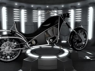 Futuristic Black Motorcycle On Illuminated Display Platform With Stylish Background Lights 3d model