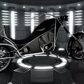 Futuristic Black Motorcycle On Illuminated Display Platform With Stylish Background Lights