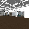 Public Office Space With Spacious Layout Wooden Flooring Ceiling Lights And Glass Partitions