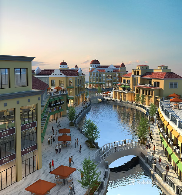 Scenic Commercial Complex With Canal Walkways Shops Domed Buildings And Pedestrians 3d model 