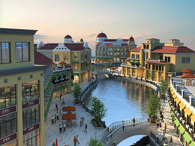 Scenic Commercial Complex With Canal Walkways Shops Domed Buildings And Pedestrians 3d model