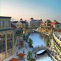 Scenic Commercial Complex With Canal Walkways Shops Domed Buildings And Pedestrians