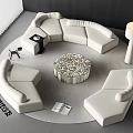 Modern Curved White Sectional Sofa With Round Coffee Table And Floor Lamp On Rug