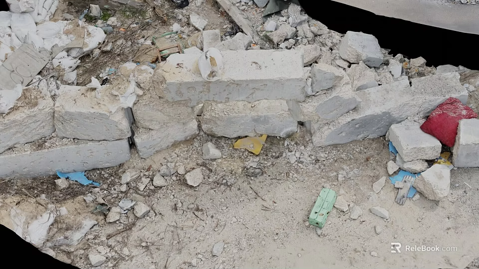 Rubble Pile With Gray Bricks Scattered Small Stones And Blue Green Debris 3d model 