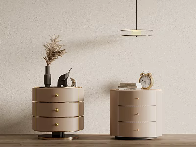 Modern Light Bedside Tables With Three Drawers Gold Handles Dried Flowers Books And Vintage Clock 3d model