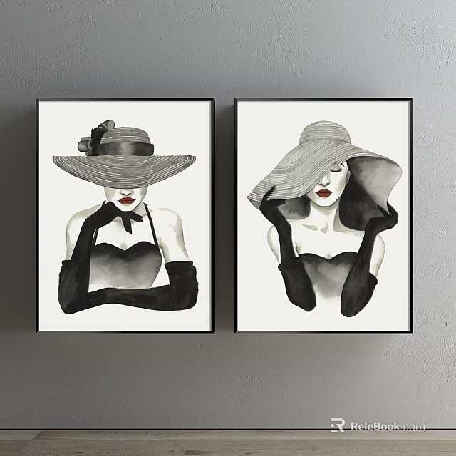 Black and White Women Portrait Paintings With Wide Hats Long Gloves and Red Lips 3d model 
