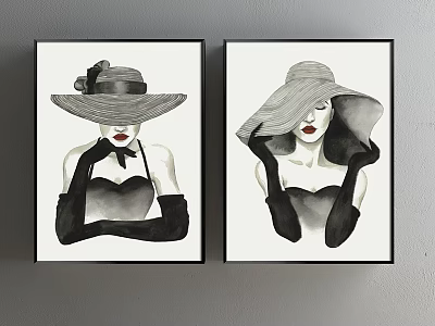 Black and White Women Portrait Paintings With Wide Hats Long Gloves and Red Lips 3d model