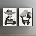 Black and White Women Portrait Paintings With Wide Hats Long Gloves and Red Lips
