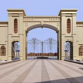 Classical Entrance Gate with Stone Structure Symmetrical Pillars and Wrought Iron Design 3d model