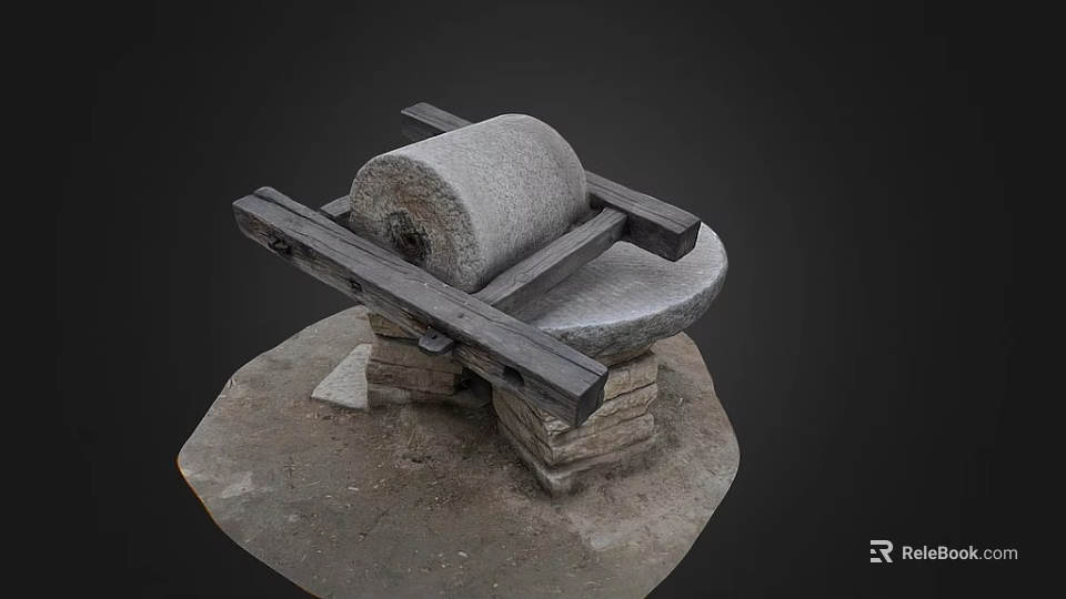 Traditional Garden Ornament Featuring Stone Roller And Wooden Frame On Stone Base 3d model 
