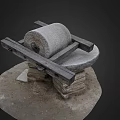 Traditional Garden Ornament Featuring Stone Roller And Wooden Frame On Stone Base