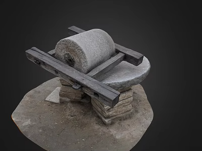 Traditional Garden Ornament Featuring Stone Roller And Wooden Frame On Stone Base 3d model