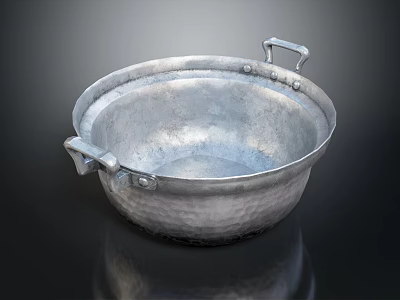 Handmade Round Aluminum Cooking Pot With Hammered Texture And Two Handles 3d model