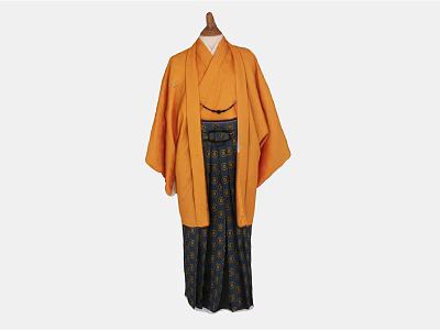 Traditional Japanese Orange Kimono With Black Obi And Patterned Skirt 3d model