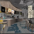 Mall Restaurant Shop Interior With Dining Tables Pendant Lights And Menu Boards